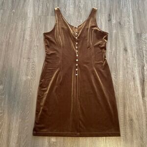 PG Collections Womens Velvet Button Front Dress Size 14 Brown Polyester Spandex